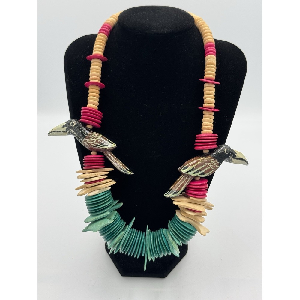 Vintage Necklace Wooden Beads Hand Carved And Hand Painted Birds